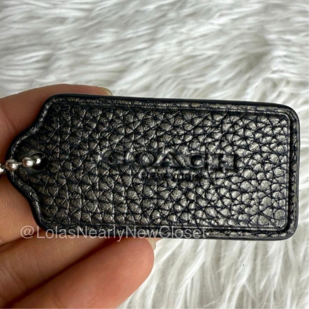 2" COACH Metallic Silver Black Fob Bag Charm Hang tag Hangtag